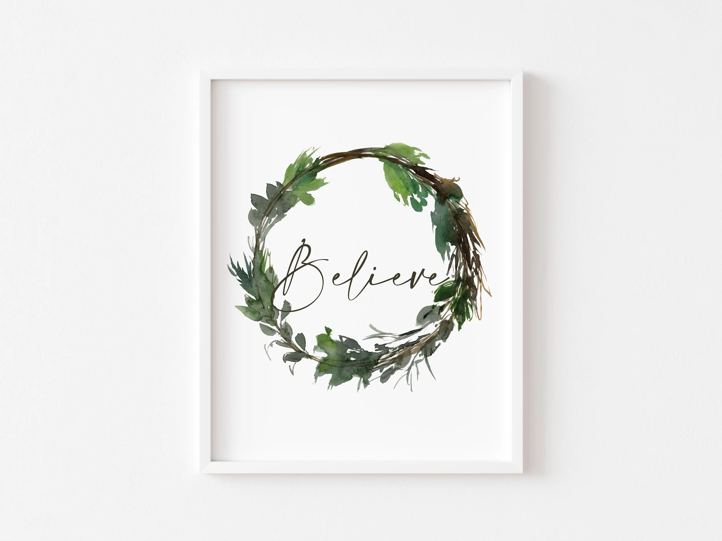"Believe" Festive Greenery Wreath • Winter Art Print