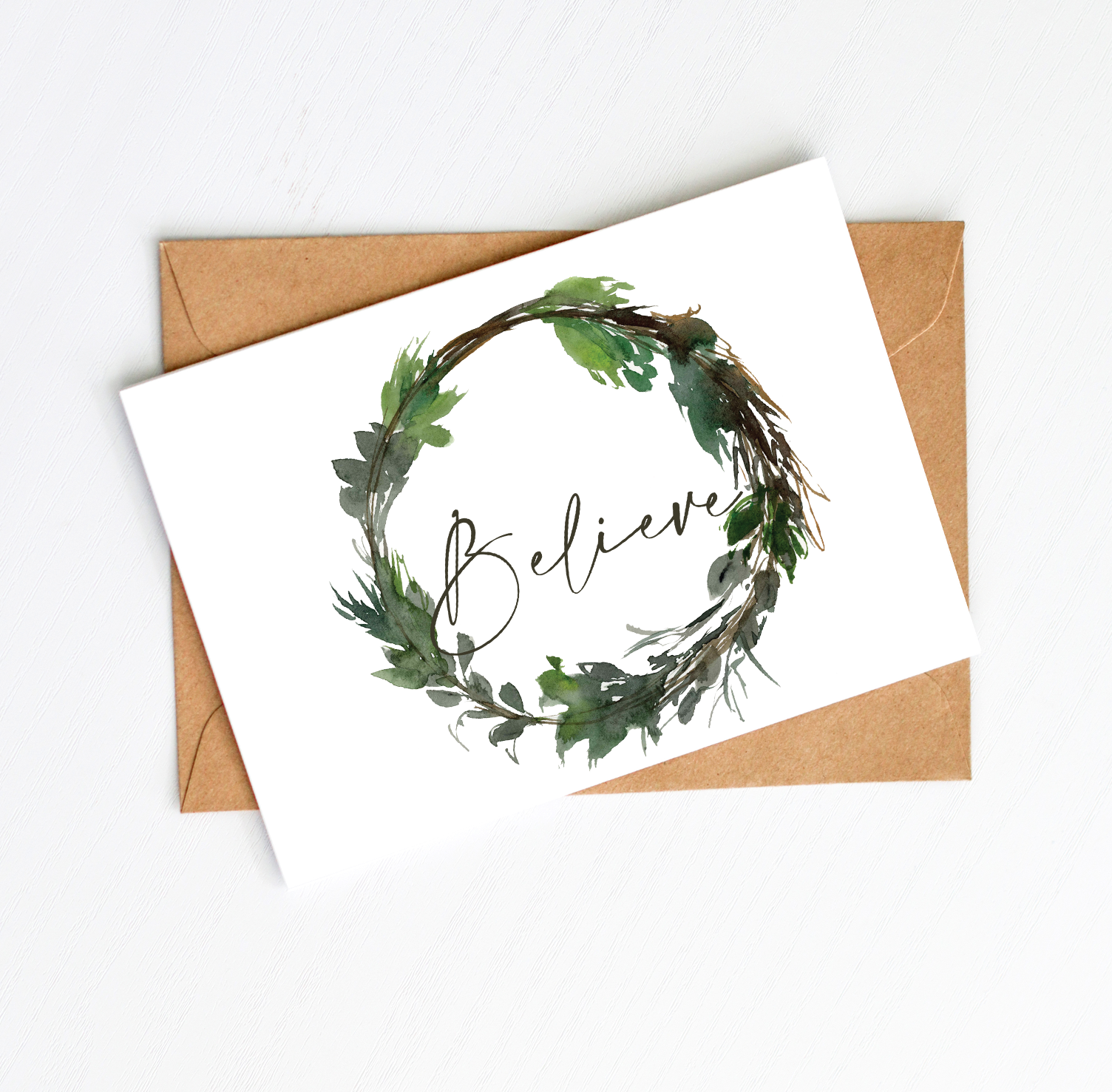 "Believe" Festive Greenery Wreath Card