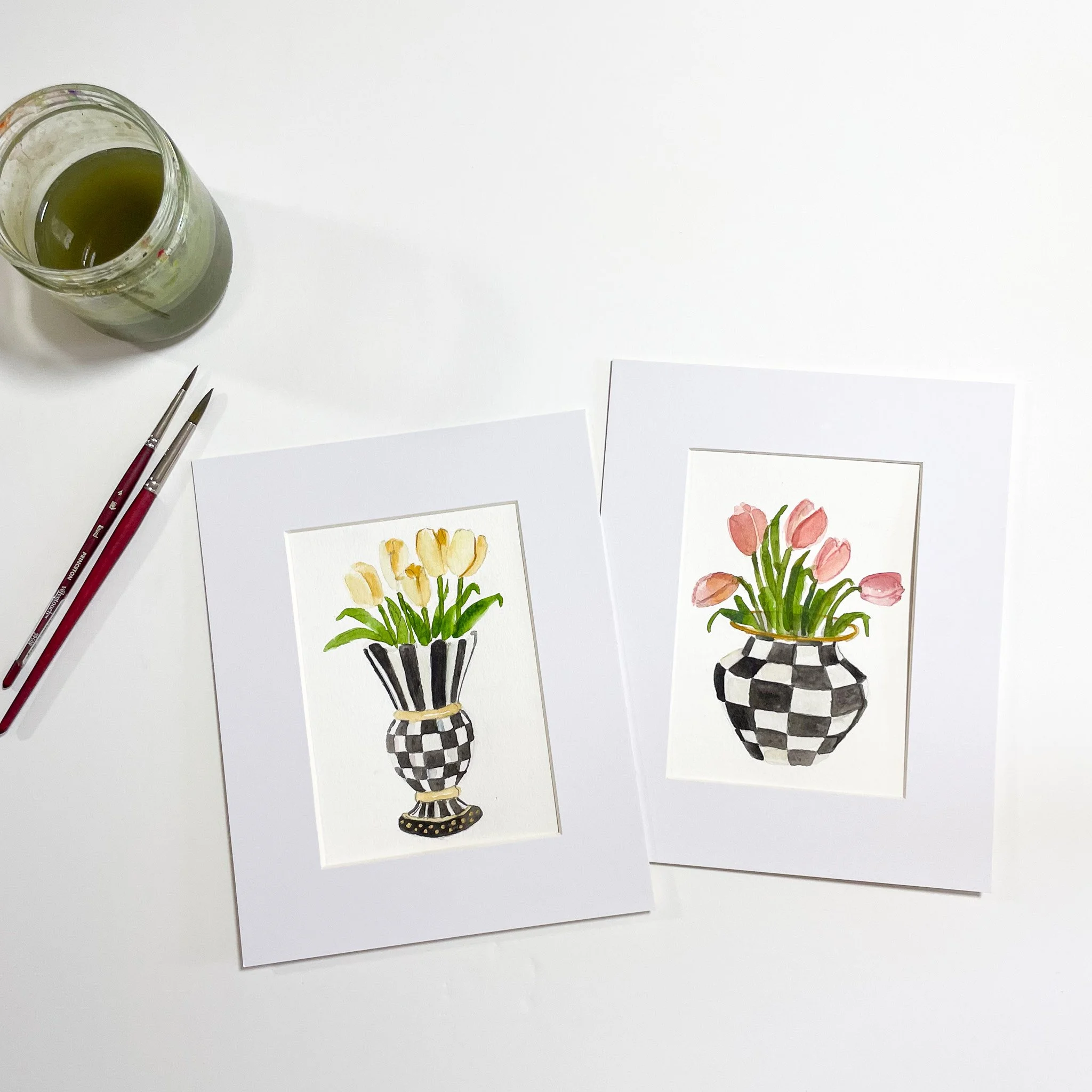 Spring Courtly Check Vases in Watercolor with Four Honey Bee's Cottage