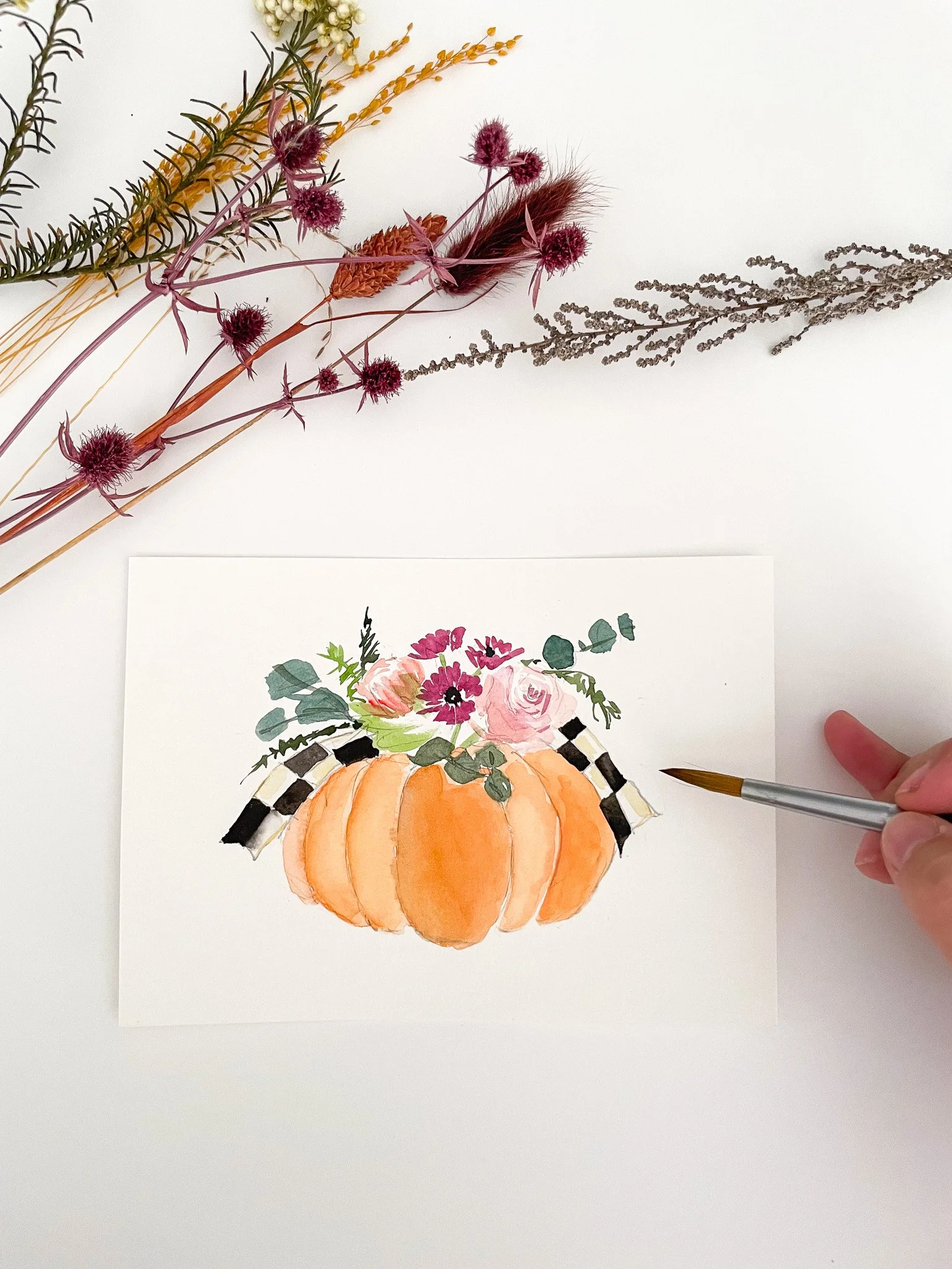 Fall Folige Pumpkin in Watercolor with Four Honey Bee's Cottage