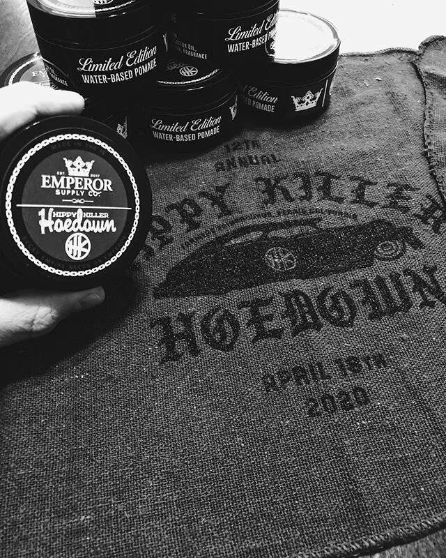 Our first collab! @hkhoedown X @emperorsupplyco 💪🏻 A vanilla citrus with a bit of whiskey and tobacco scented water based pomade! Post a pic of your kustoms, hot rods, vans and choppers with #hippykillerhoedownvcs and tag @hkhoedown for a chance to