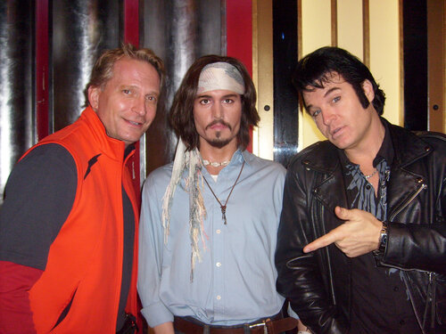 Actor/singer Rex Smith and ETA Johnny Thompson pose with a wax figure of Johnny Depp.