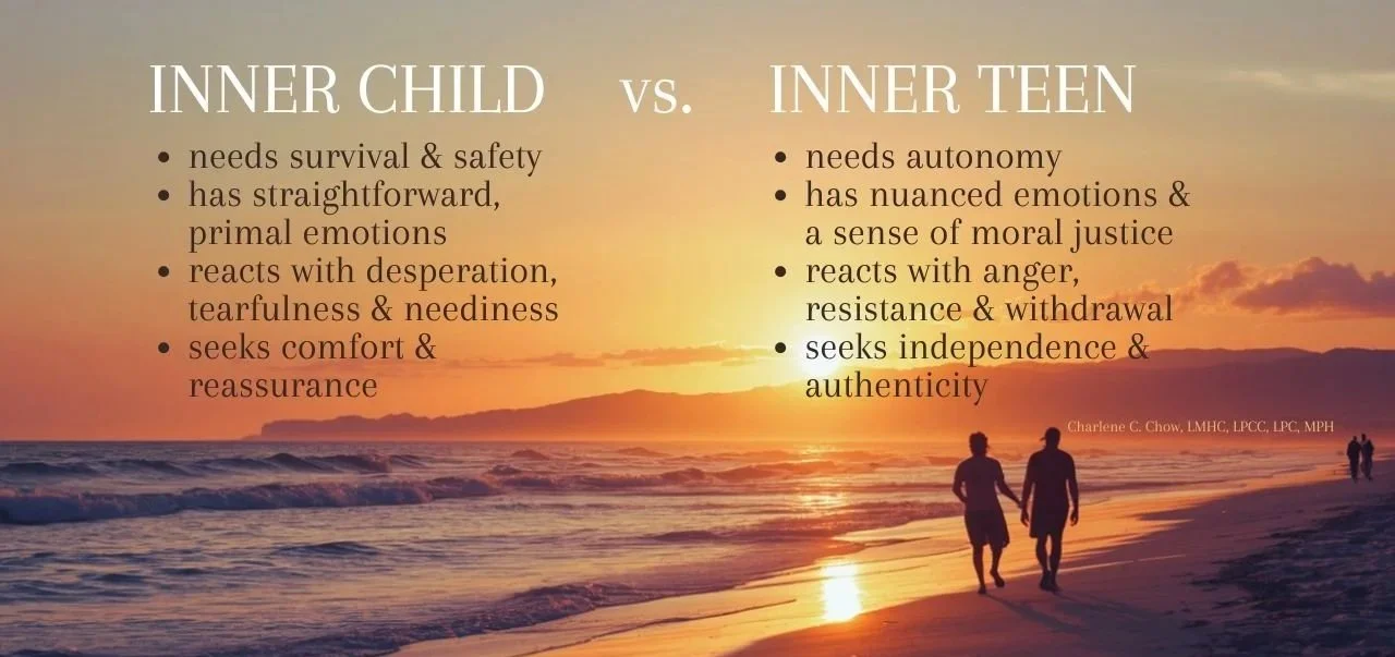 Graphic showcasing inner child vs. inner teen needs and reactions.
