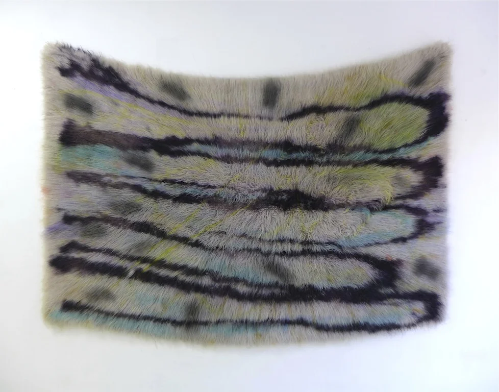 Discreet Acrobatics , 2016, wool rug, acid dye, hairspray, chalk.