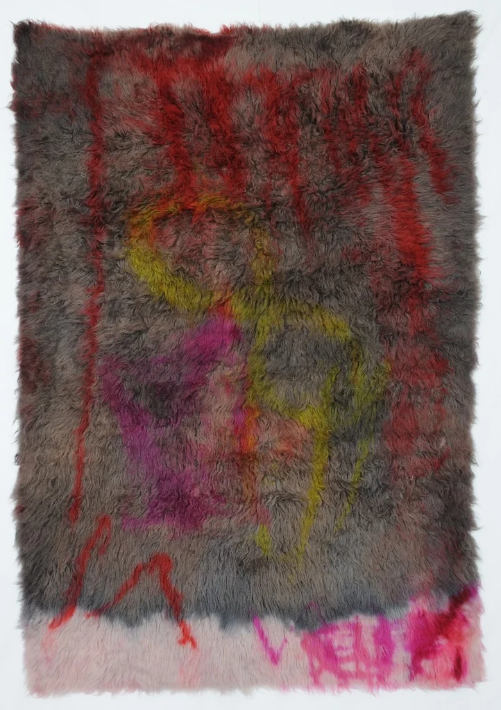 Under Case Studies, 2012, wool rug, acid dye, hairspray, nail polish. 5’x7’
