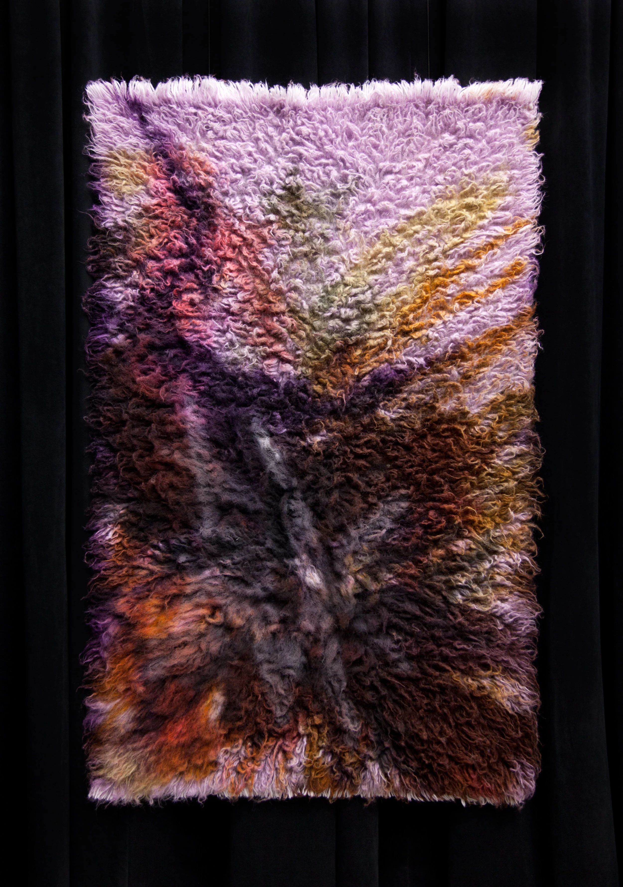 Straw and Clay, 2017, wool rug, acid dye, hairspray, chalk.4’x6’