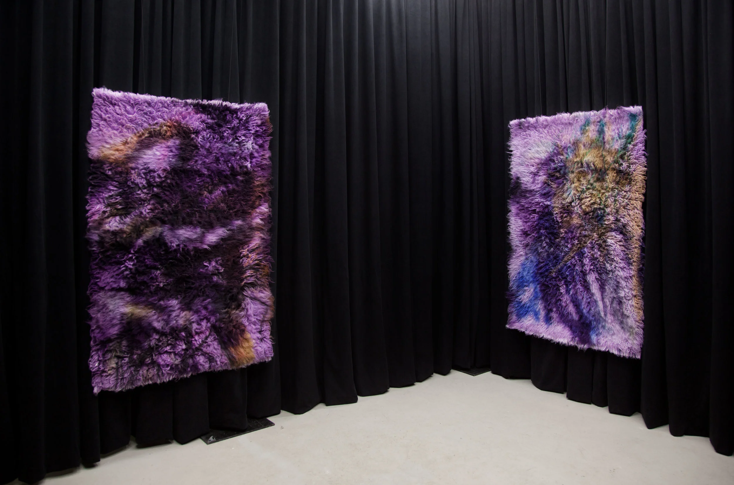 (Left) Iron and Steel, 2017, wool rug, acid dye, hairspray, chalk. (Right) Silver and Gold, 2017, wool rug, acid dye, hairspray, chalk.