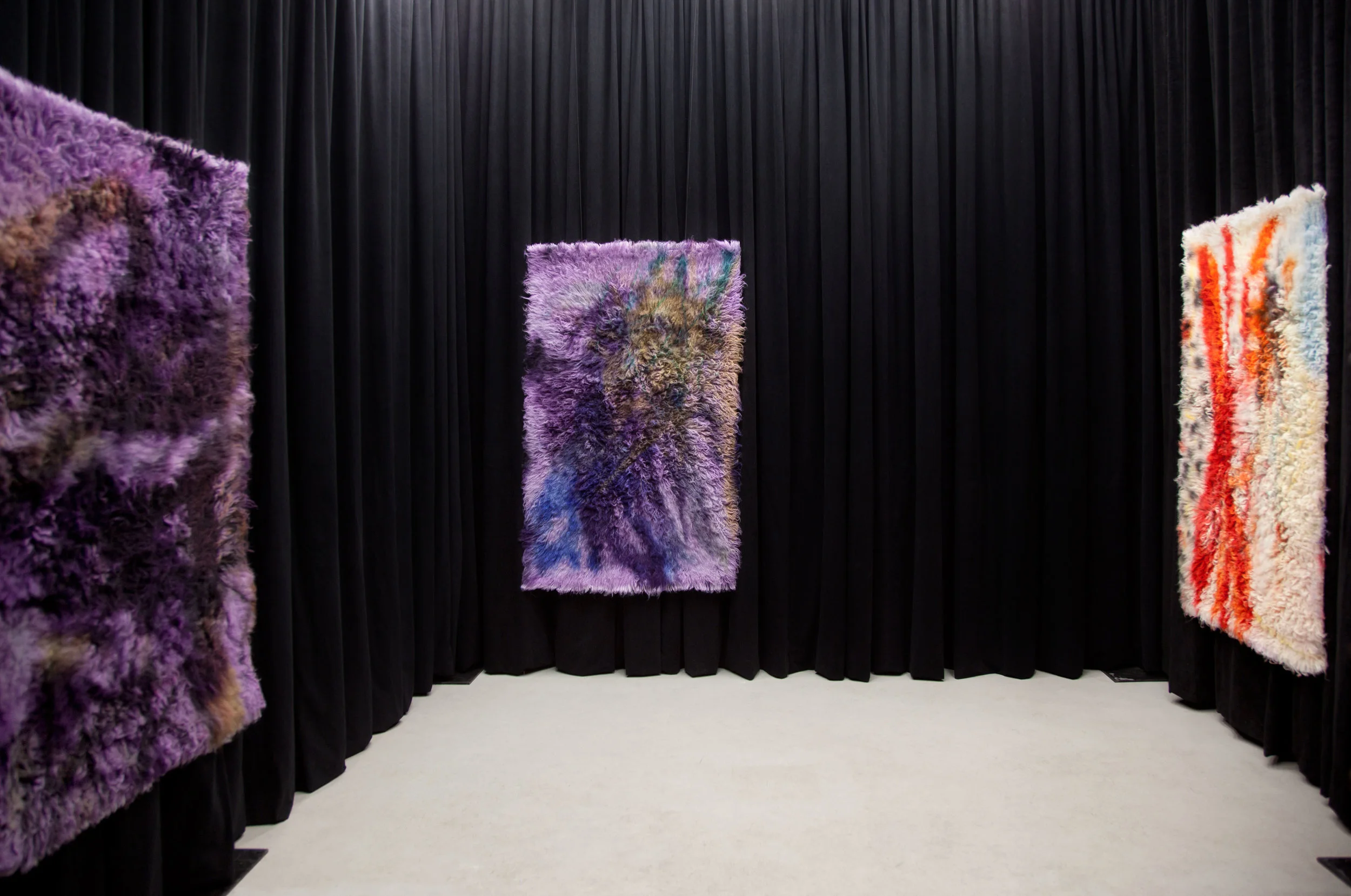 2017 Installation of dyed rug painting series hung over rented room dividers at DUPLEX http://duplexduplex.ca/it-is-hard-to-tape-a-fish.html Vancouver B.C. Canada