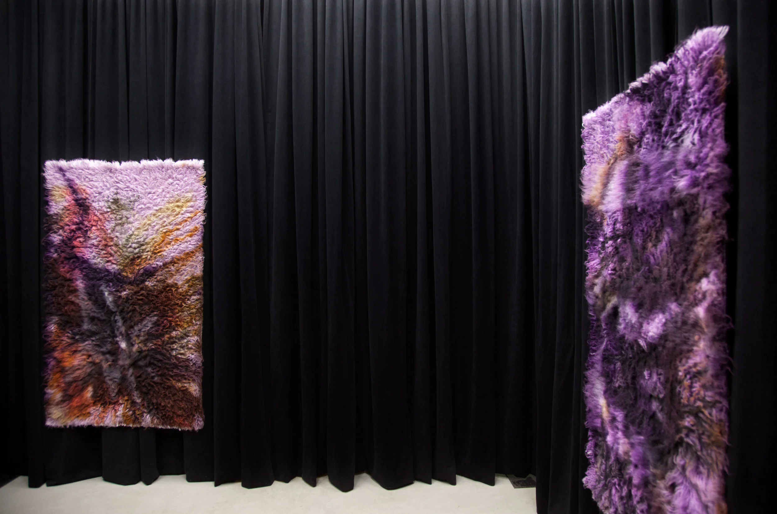 (Left) Straw and Clay, 2017, wool rug, acid dye, hairspray, chalk. (Right) Iron and Steel, 2017, w ool rug, acid dye, hairspray, chalk.