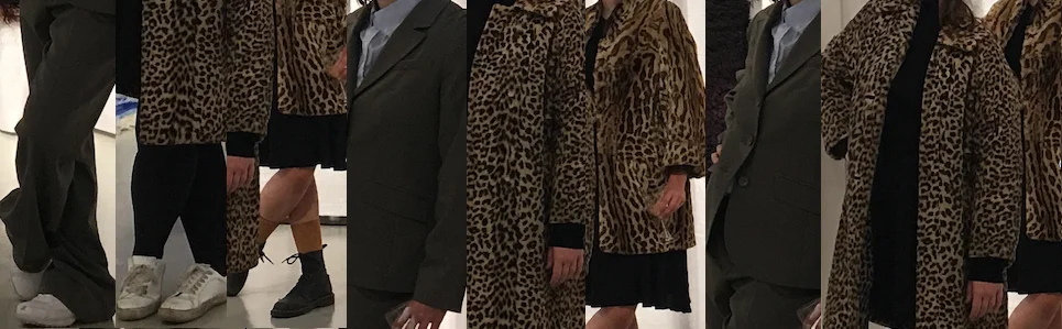 Opening night performance of Actor wearing ocelot fur coat imitating gestures of actor wearing synthetic leopard fur coat imitating artist in wool business suit. 2017