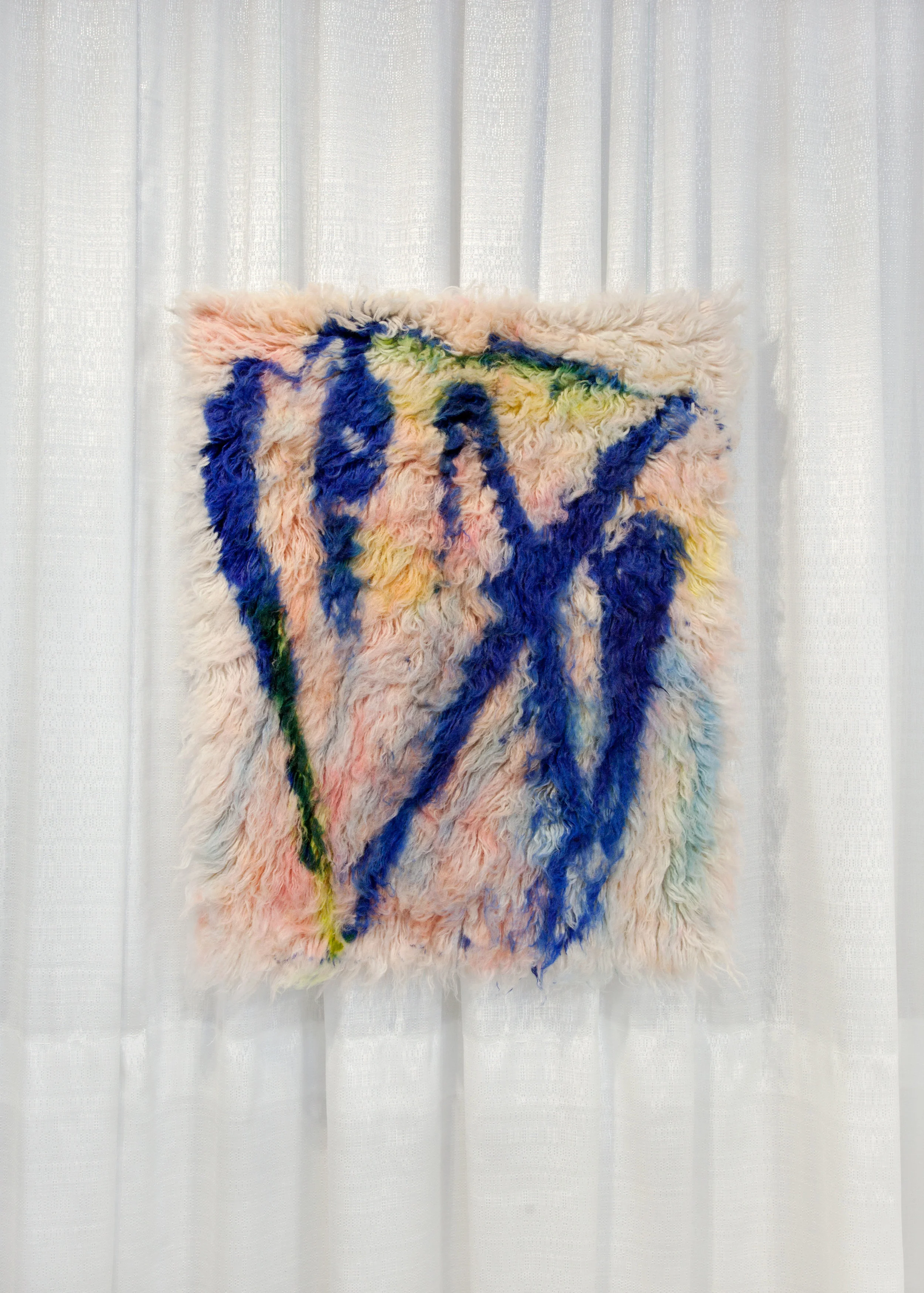 I am also rather still, 2017, wool rug, acid dye, hairspray, chalk.2’ x3’