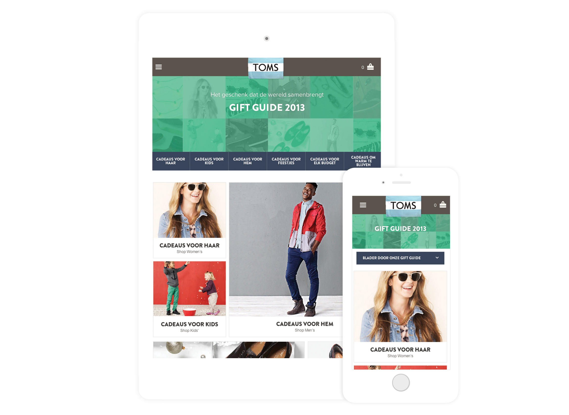 As the screen size reduces to mobile, the secondary navigation becomes a dropdown; this allowed us to keep it positioned underneath the hero banners and give the gift guide its own space, but also optimize the majority of the real estate for the products themselves.