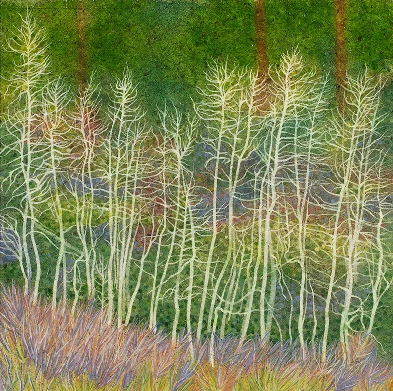 Acrylic ink on Banana Mash paper
| 18 x 18 inches This painting is currently on display at the Sebastopol Center for the Arts through October 18, 2026.