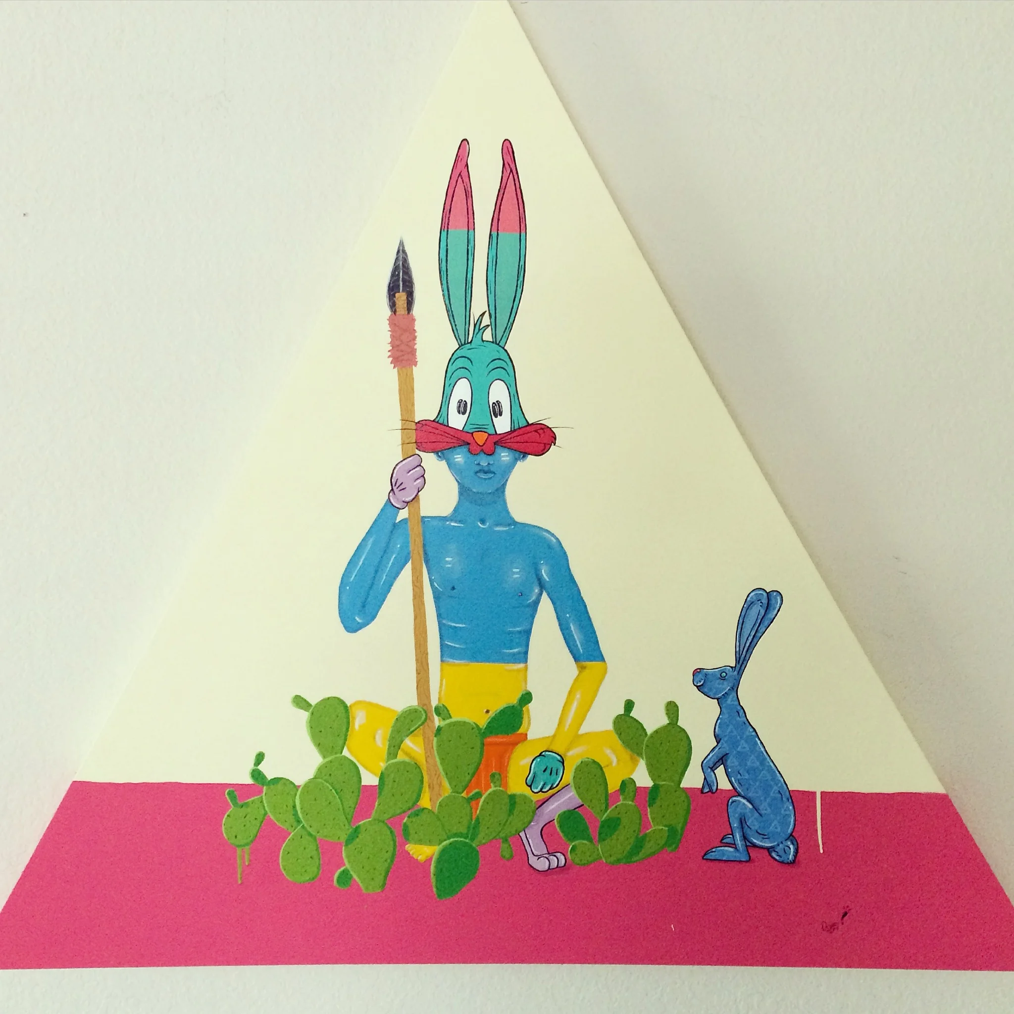 YEAR: 2015 SIZE: 24 X 36 inches MEDIUM: acrylic, gouache, spray paint, on hand built triangle canvas
