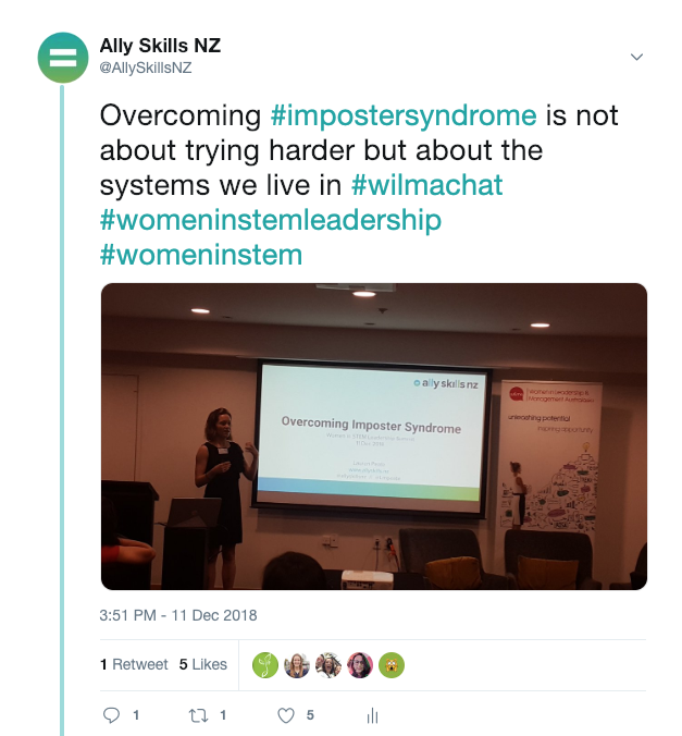 Image shows a Tweet that has a photo of Lauren speaking at the talk. The Tweet says: “Overcoming #ImposterSyndrome is not about trying harder but about the systems we live in #WilmaChat #WomenInSTEMLeadership #WomenInSTEM