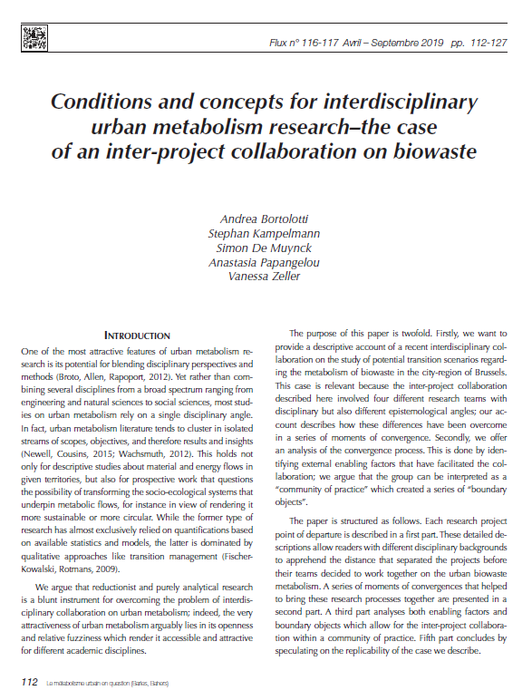 2019. Conditions et concepts pour la recherche interdisciplinaire sur le métabolisme urbain&nbsp;–&nbsp;le cas d’une collaboration inter-projets sur les biodéchets à Bruxelles