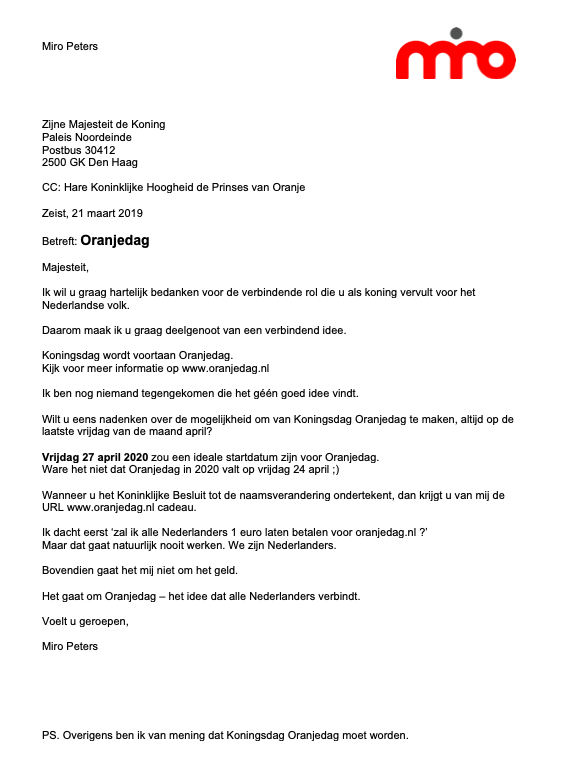 Mijn brief aan de koning — Miro Peters