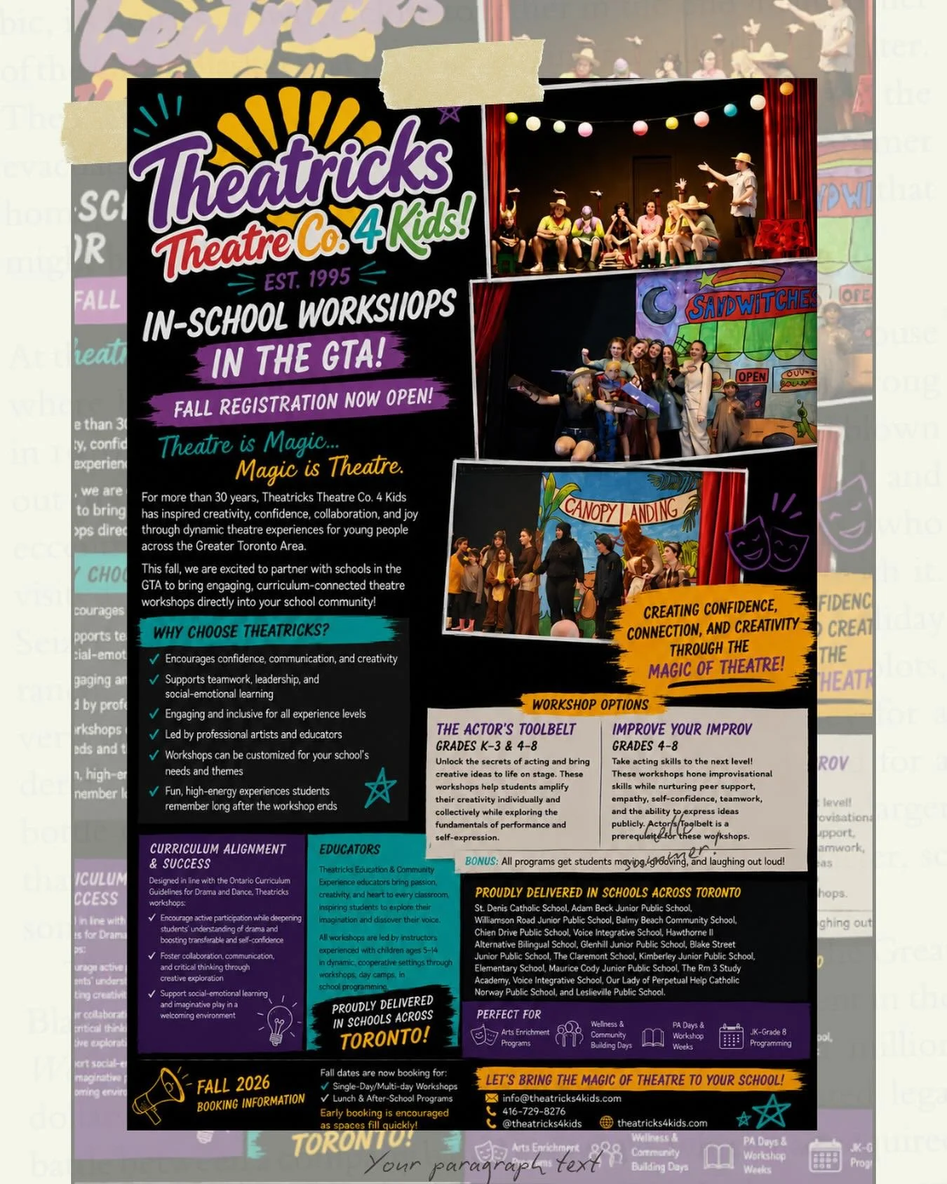 🎭✨ Fall 2026 Workshop Bookings Are Open! ✨🎭

Looking ahead to next school year? For more than 30 years, Theatricks Theatre Co. 4 Kids has inspired creativity, confidence, collaboration, and joy through dynamic theatre experiences for young people a