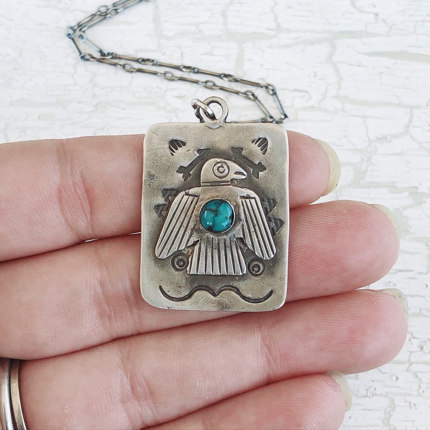 Knifewing Dancer Necklace 24in Turquoise VTG Nickel Silver Fred Harvey Era M 