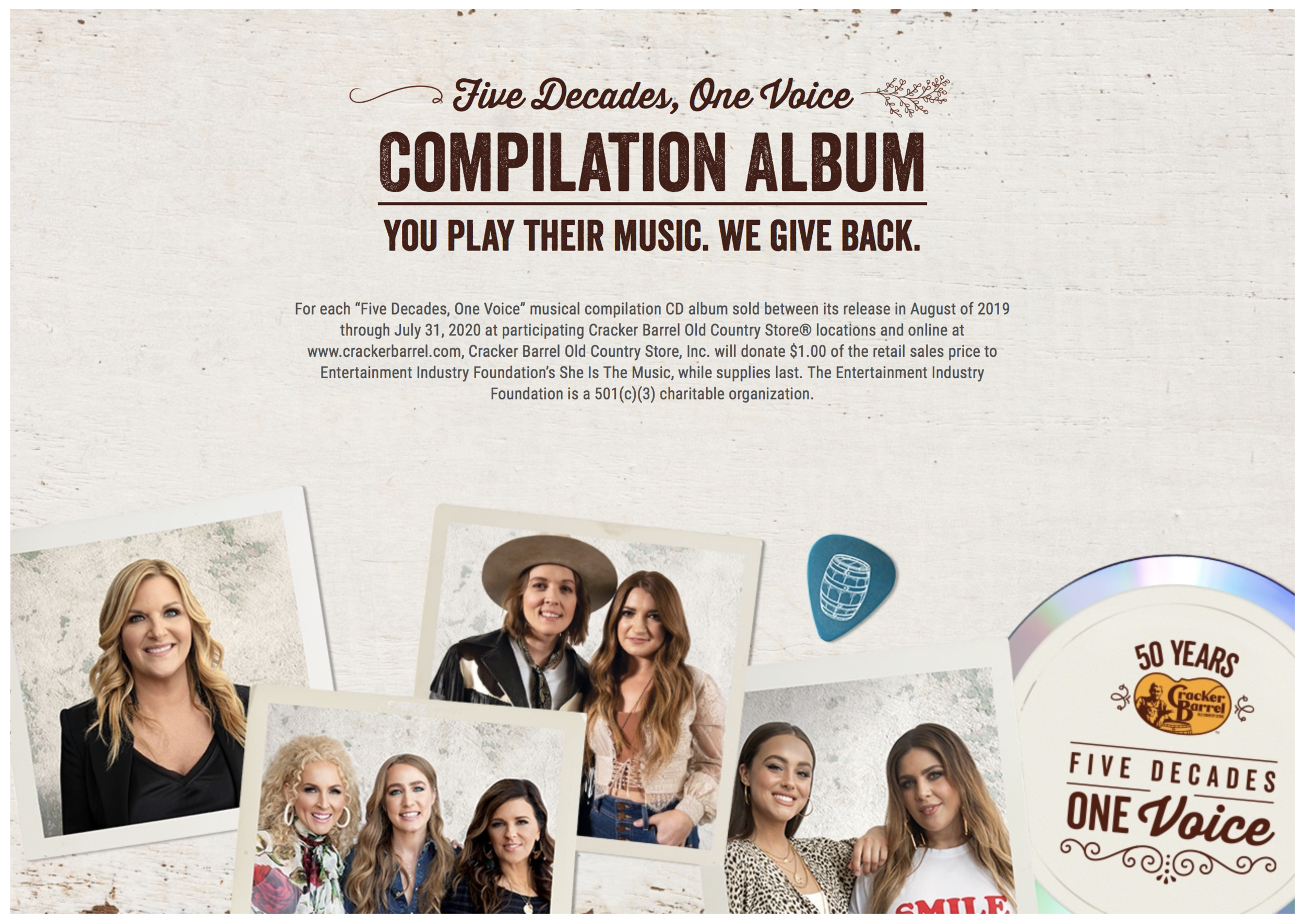  Each artist handpicked songs for an exclusive compilation album, with proceeds going to She Is The Music.  