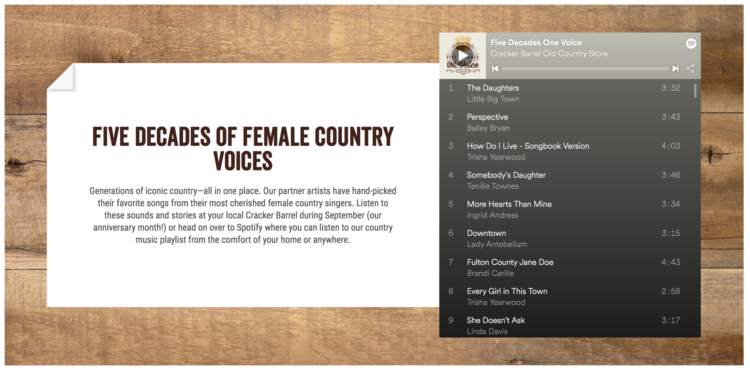  And you’ll only hear female artists on nonstop rotation in every Cracker Barrel for our anniversary month of September. 