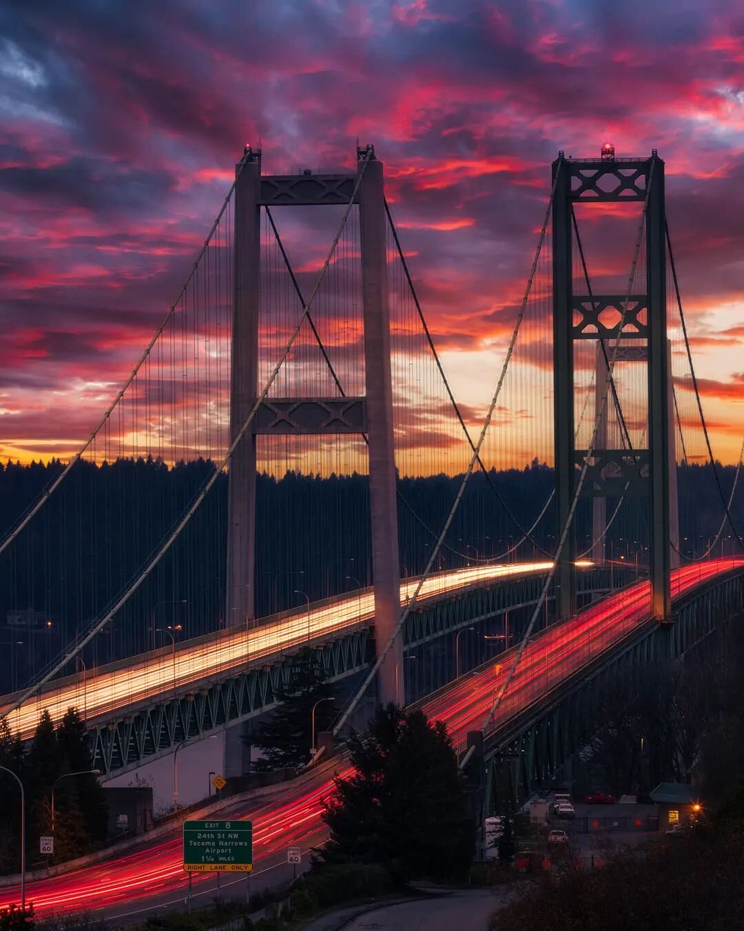 Sunset traffic jam
____________________________________________ 

Rush Hour car trails over the Tacoma Narrows Bridge. 
____________________________________________ 

Image Details
📷: @canonusa Canon 5dmIV
Lens: Canon 24mm-105mm&nbsp; f/4
Tripod: @b