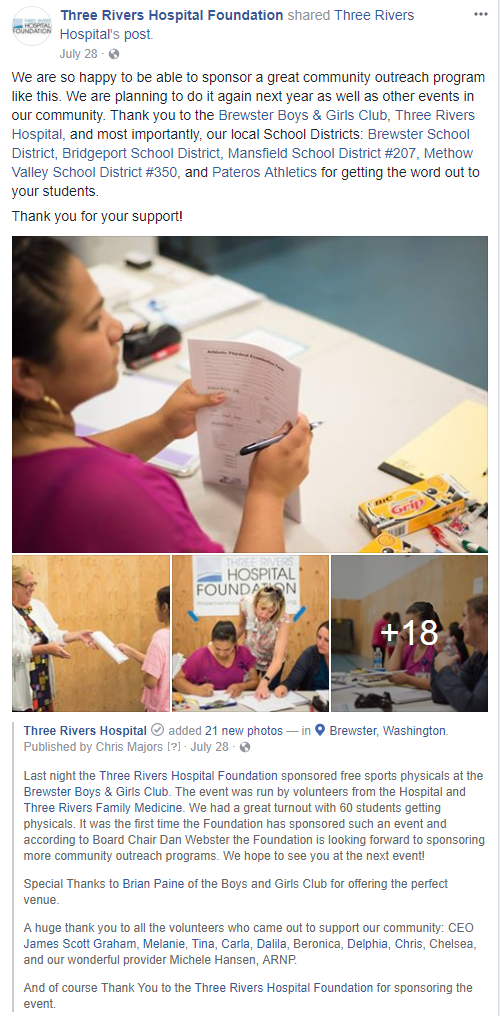Three Rivers Hospital Foundation Sponsors Free Sports Physicals for the Hospital District