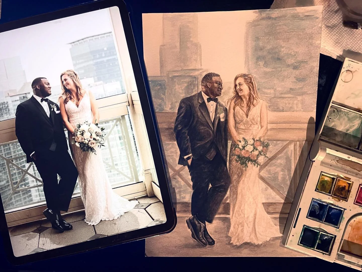 Valentine&rsquo;s Day is around the corner❤️
A hand painted image from your favorite day is a perfect gift!
.
#valentinesday #giftideas #portrait #watercolor #handmade #painting #weddinggift