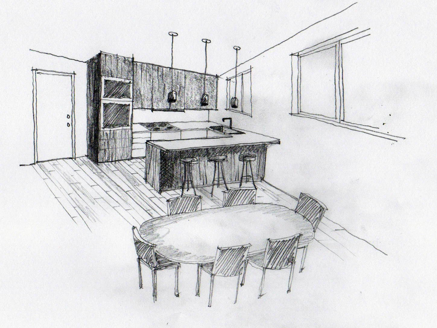 The reconfigured kitchen increases work space and storage, adds peninsula seating, and connects seamlessly with the relocated dining room.