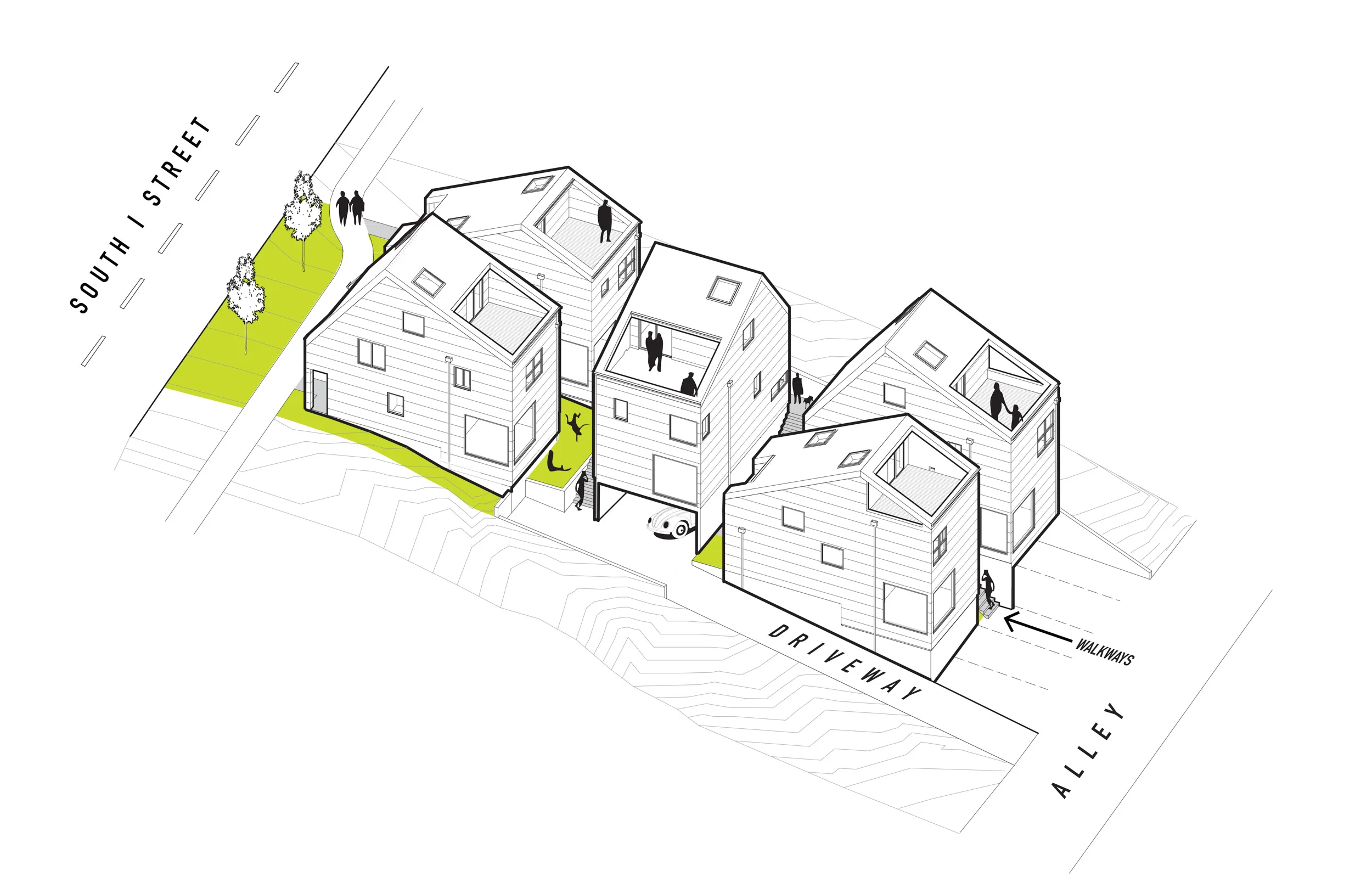 Top floor decks and mid level bedroom patios offer outdoor space for each house