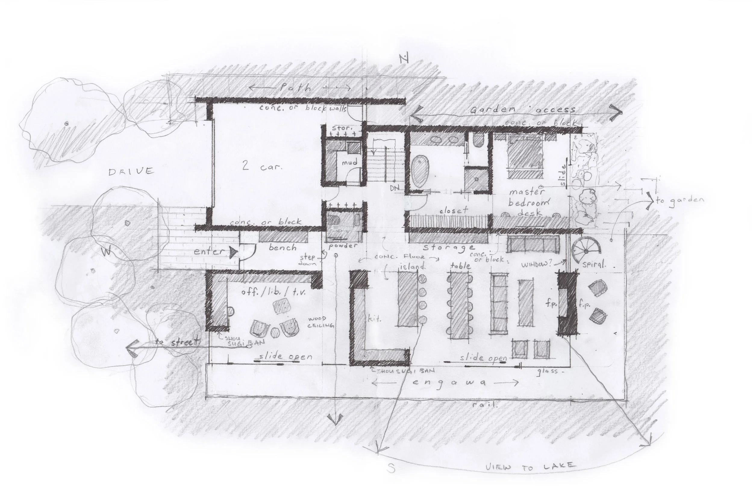 The main level floor plan includes a library and living room facing south toward the view and deck, a master bedroom faces east to receive morning sunshine