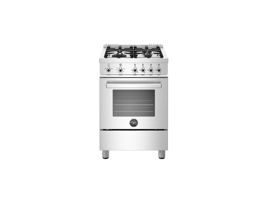 Bertazzoni The 24" Bertazzoni Professional Series is a powerful and beautiful range in a small package. The highest powered burner puts out 19,000 BTU and can boil a pot of water in 6 minutes. The oven has a convection fan for good airflow and a gas broiler for searing at high temperatures. 