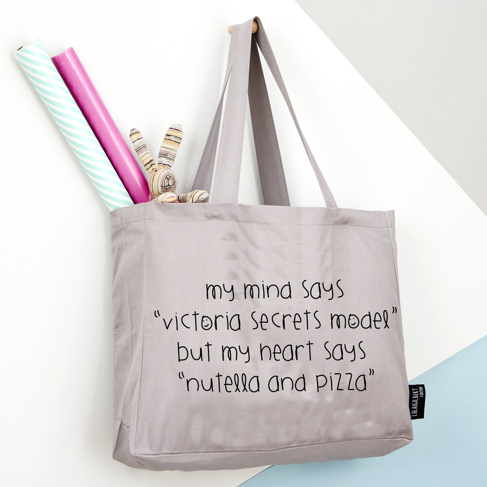 My mind says victoria's secret model but my heart says nutella and pizza  - Large Tote Bag — Lola + Gilbert