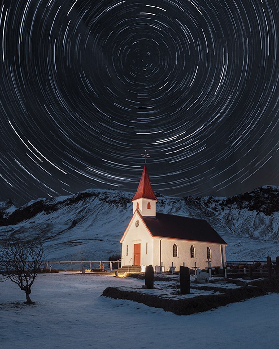 Dyrh&oacute;laey Church, Southern Iceland. Separate exposures for sky and foreground. Olympus livecomp. #icelandtravel #icelandlandscapes #nightskyphotography #icelandair #nightscapes