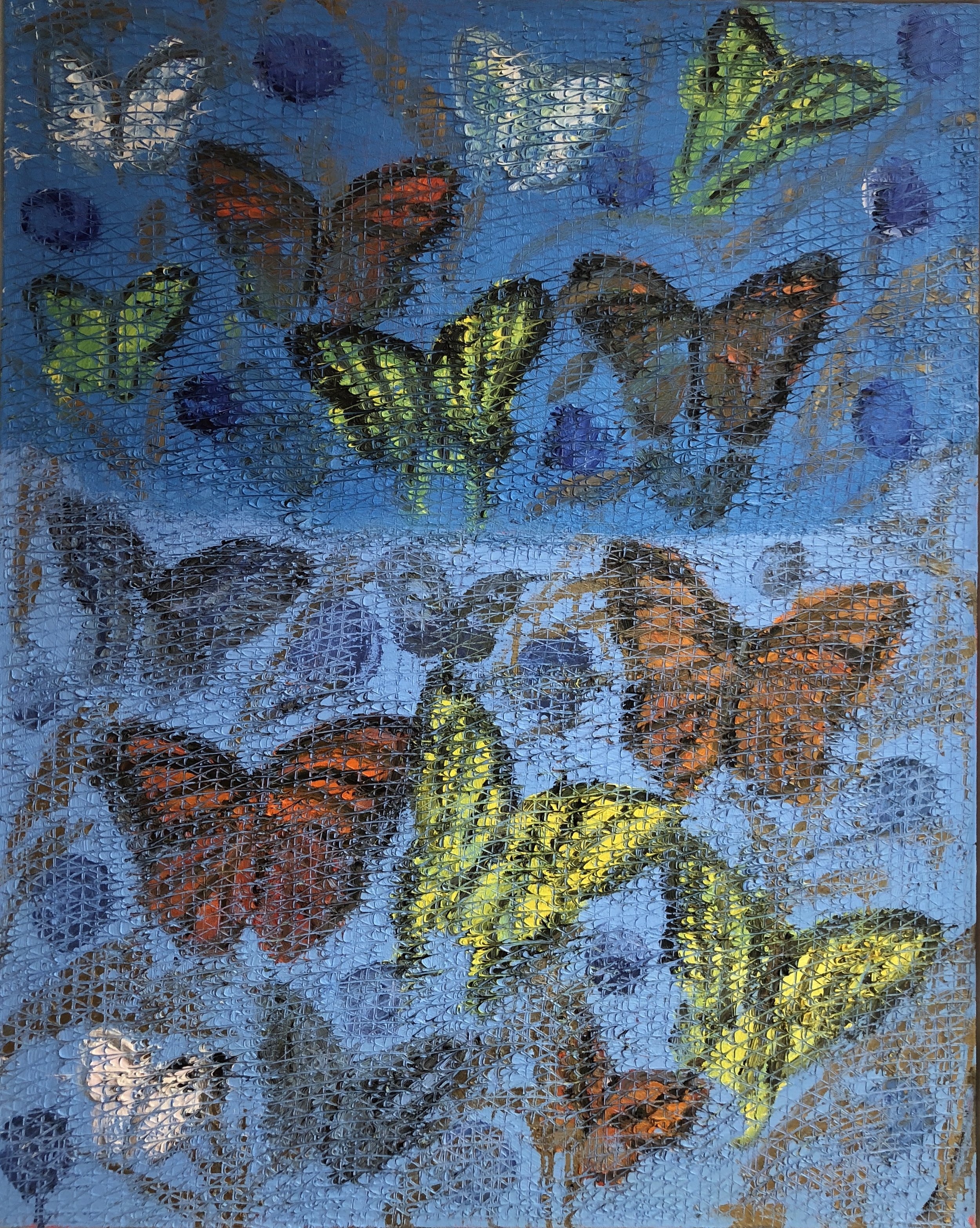  A cascade of butterflies, big and small, near and far.  Their wings range from red, orange, yellow,  black and white, all on a a background where the top half is sky blue and the bottom half is baby blue. 