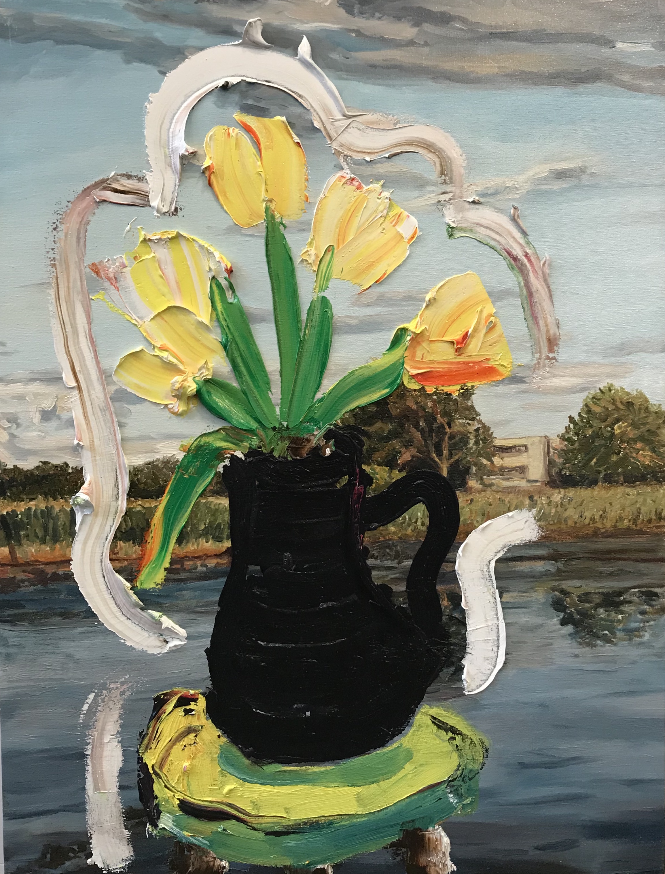  A high fidelity, finely painted background of a pond with tall grass, trees, stormy clouds, and a building in the distance. In the fore ground is a very low fidelity painting of a black vase of pale yellow tulips with hints of orange on them upon a 