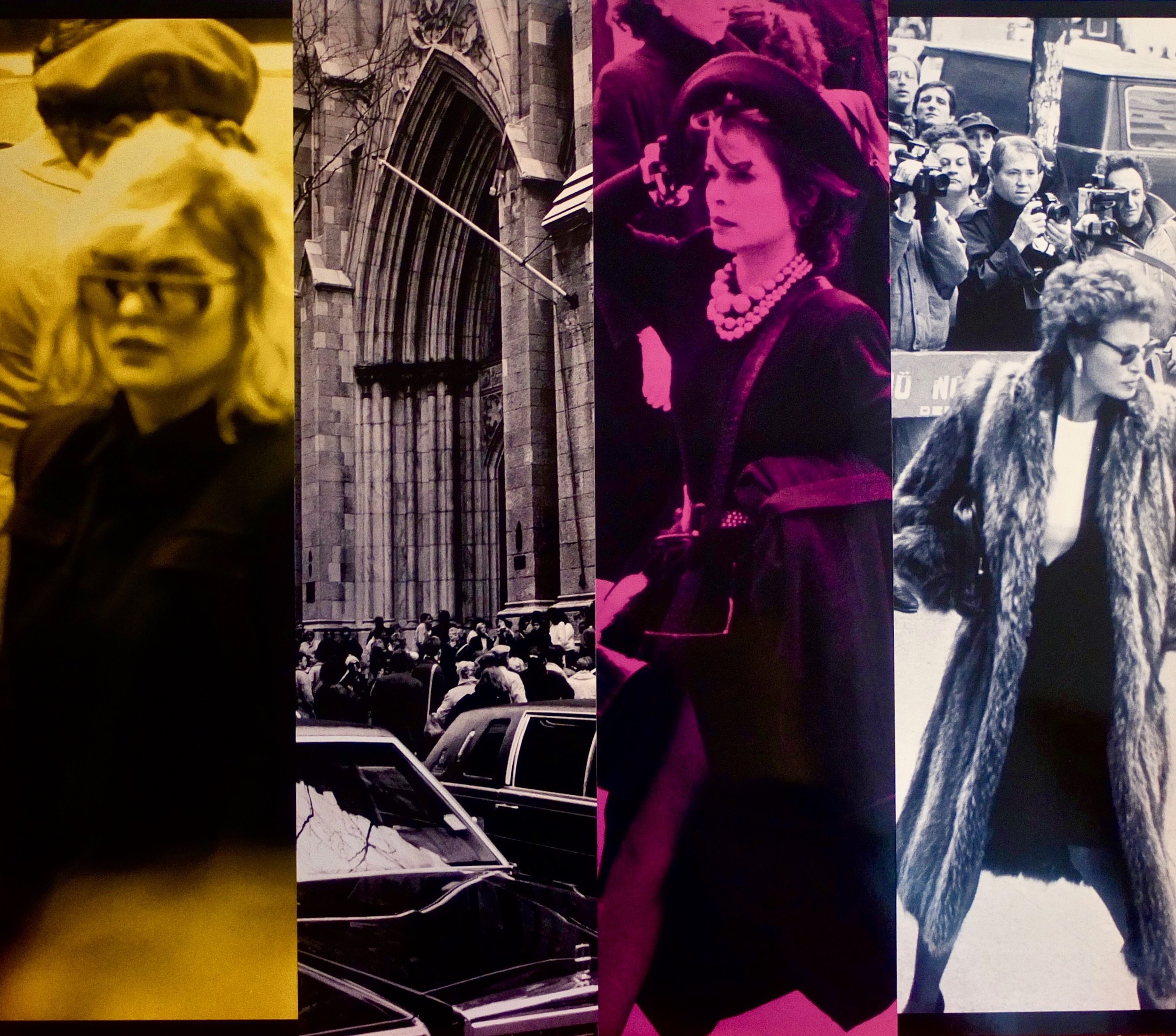  An image comprised of four different thin tall strips each of which has a color overlayed atop of it. From left to right. A woman in a crowd wearing all black and sunglasses with a yellow overlay. A gothic arch with two glossy black cars and a crowd