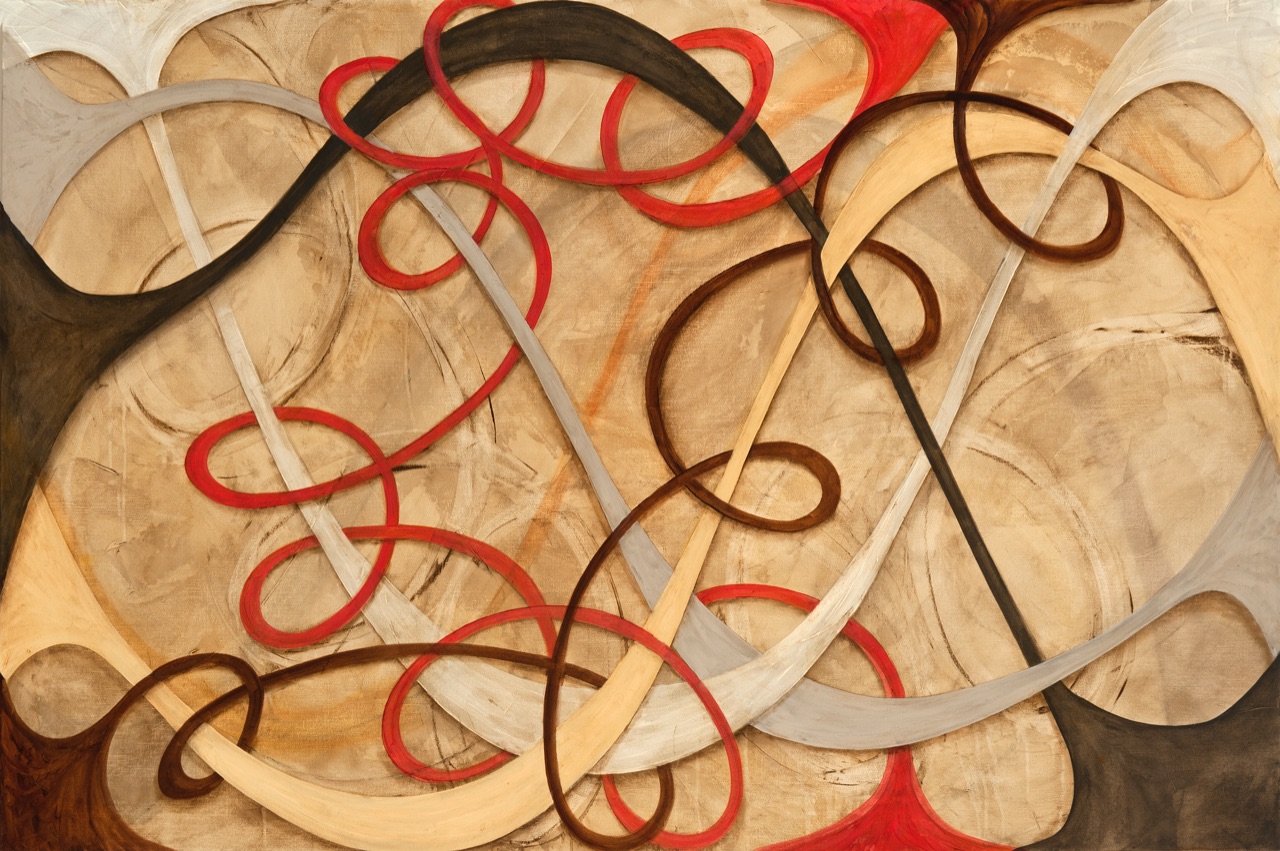  A lustering gold background with red, brown yellow, and cream tangling threads splayed across it. Right as the threads reach the borders of the piece they expand in width so that they have more surface area to grab onto. 