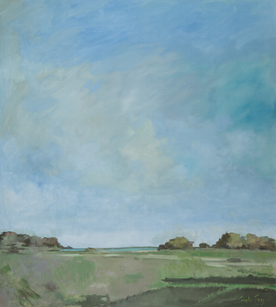  The top three-quarters of the painting depicts a pale blue sky with wispy clouds. The bottom quarter is a muddy green field of tall grass with small bushy trees on either side that lead into a beach. There the water and sky meet. 
