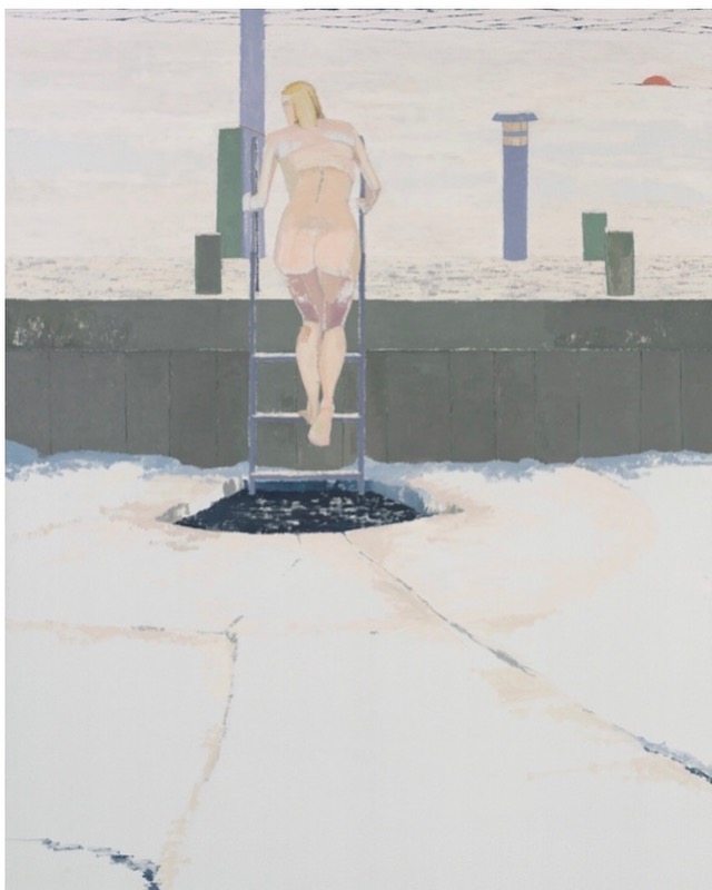  A painting of a naked woman from behind climbing out of a pool, up its ladder. The pool is frozen over white except for right around the ladder. The ground is also covered in snow, with a few vertical cylindrical objects poking through. 