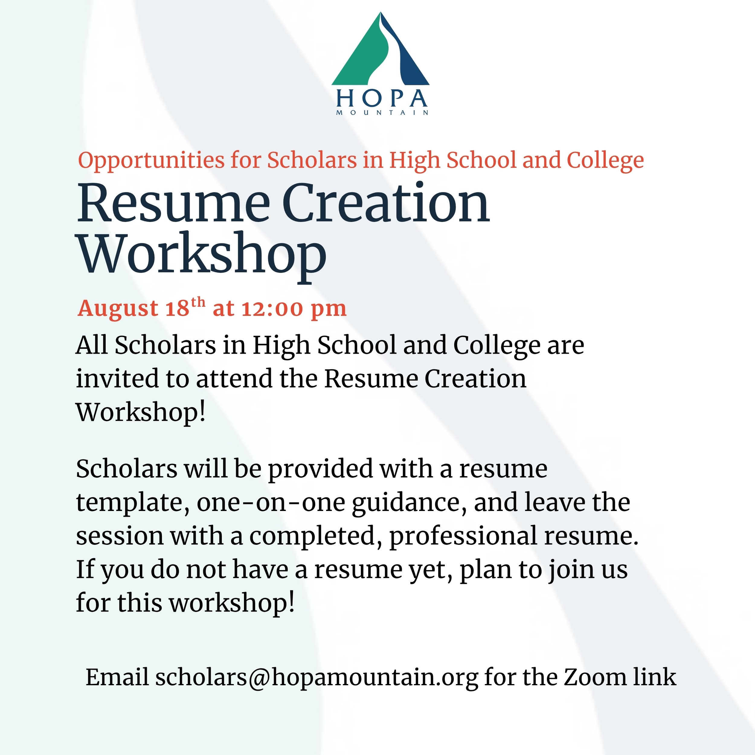 Resume Creation Workshop for Scholars in High School and College - Zoom