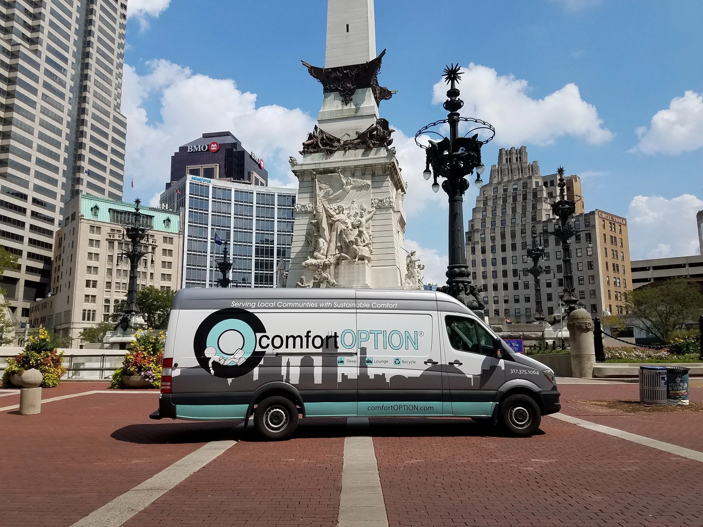 Comfort Option mattress van on Monument Circle in Downtown Indianapolis.