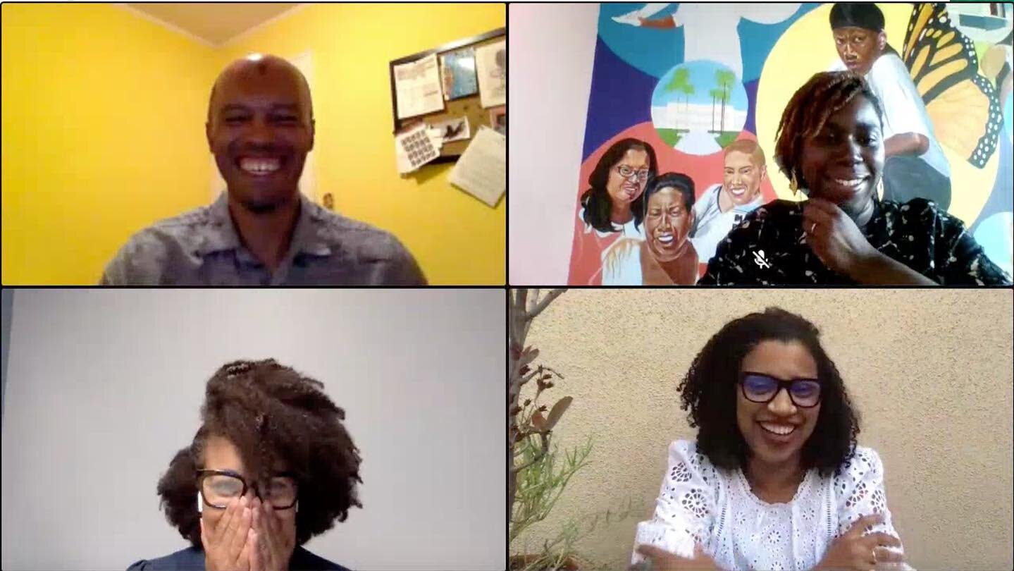 This photo is of the last 30 seconds or so of &ldquo;Reading the City:Compton and the Literary Imagination&rdquo;- also it is of Black Joy❤️. We didn&rsquo;t want to disconnect!! To see the Roundtable with these Poets, these sages, in its entirety, s