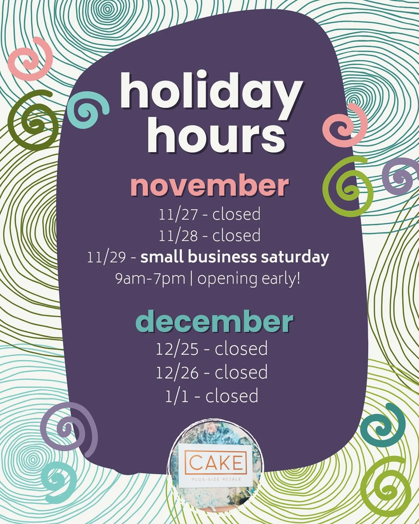 happy november! we are so looking forward to Small Business Saturday and have some exciting deals to announce&hellip; 

please note these end of the year closure dates! ❄️