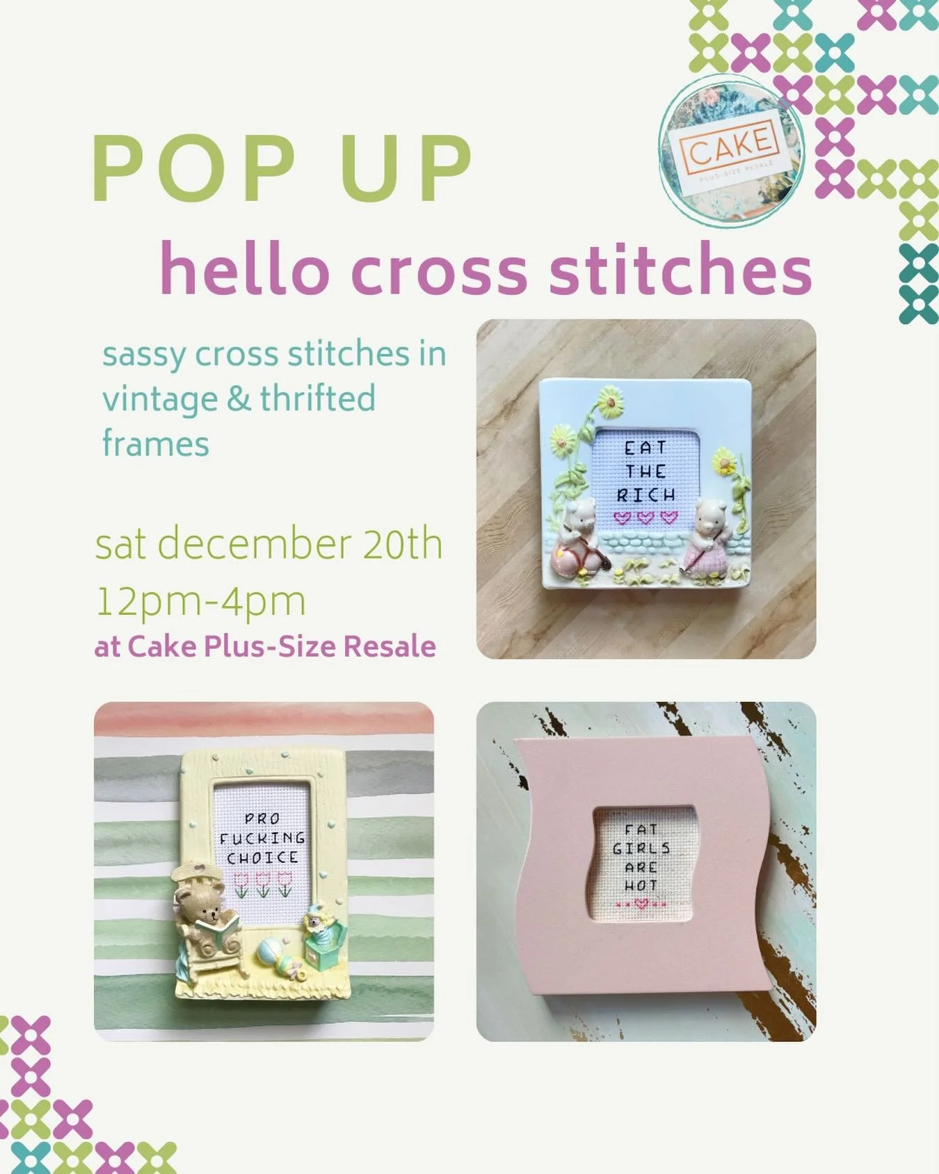 pop-up alert! we&rsquo;re so excited to have @hellocrossstitches later this month! stop by and get a sassy cross stitch, the perfect gift for anyone in your life! 🎁

🩷Saturday Dec 20th from 12pm-4pm!