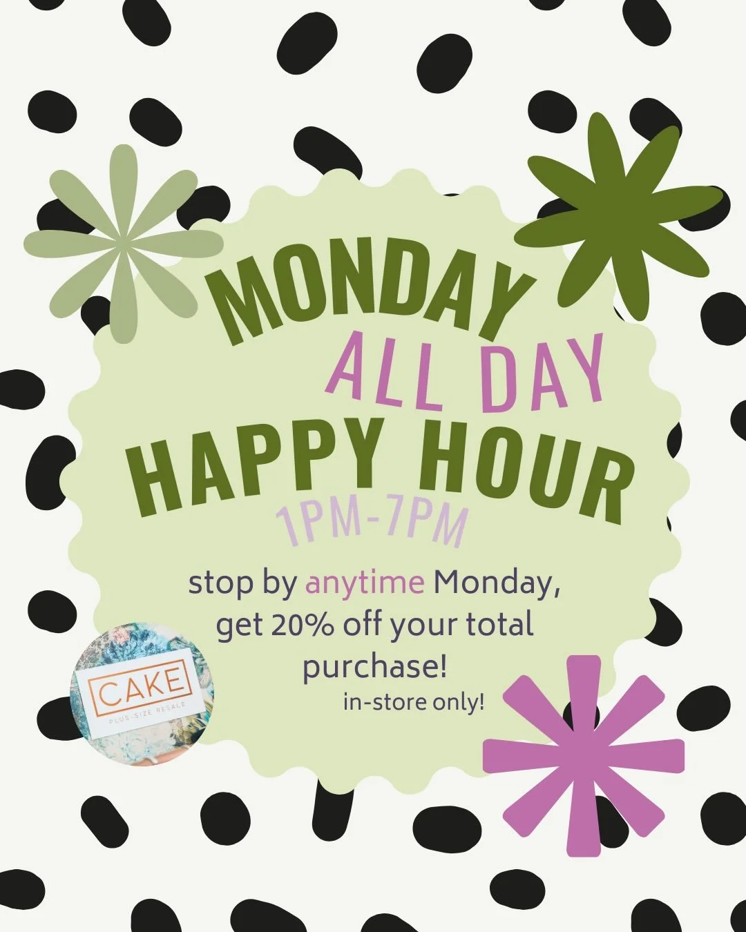 new year, new fun updates! our &ldquo;happy hour&rdquo; 20% off discount deal is now *all day* Mondays! swing by anytime 1pm-7pm on Mondays and get that sweet sweet discount on our already killer deals on second hand plus-size goodies!

AND we&rsquo;