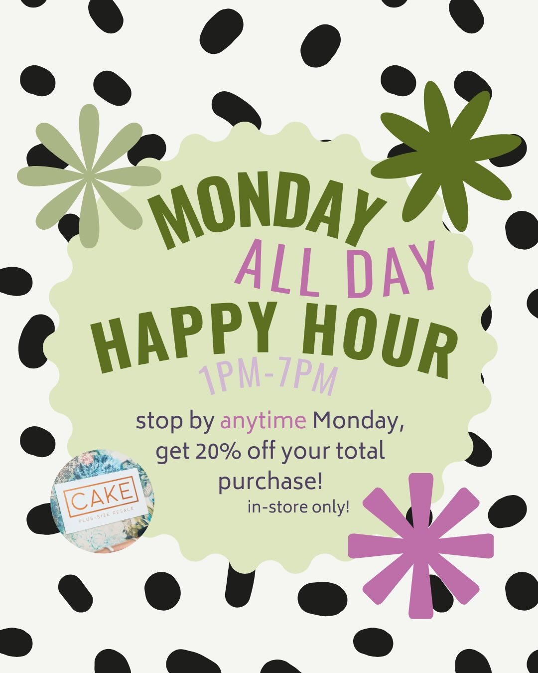 new year, new fun updates! our &ldquo;happy hour&rdquo; 20% off discount deal is now *all day* Mondays! swing by anytime 1pm-7pm on Mondays and get that sweet sweet discount on our already killer deals on second hand plus-size goodies!

AND we&rsquo;