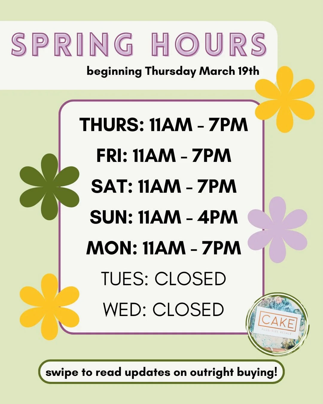 🌸 SPRING HOURS 🌸 we&rsquo;re back to 11am-7pm Thursday-Monday starting March 19th! In person, first come-first serve buying is back March 26th and we want your springtime goodies! 

🌷More info about buying and drop off appointments can be found on