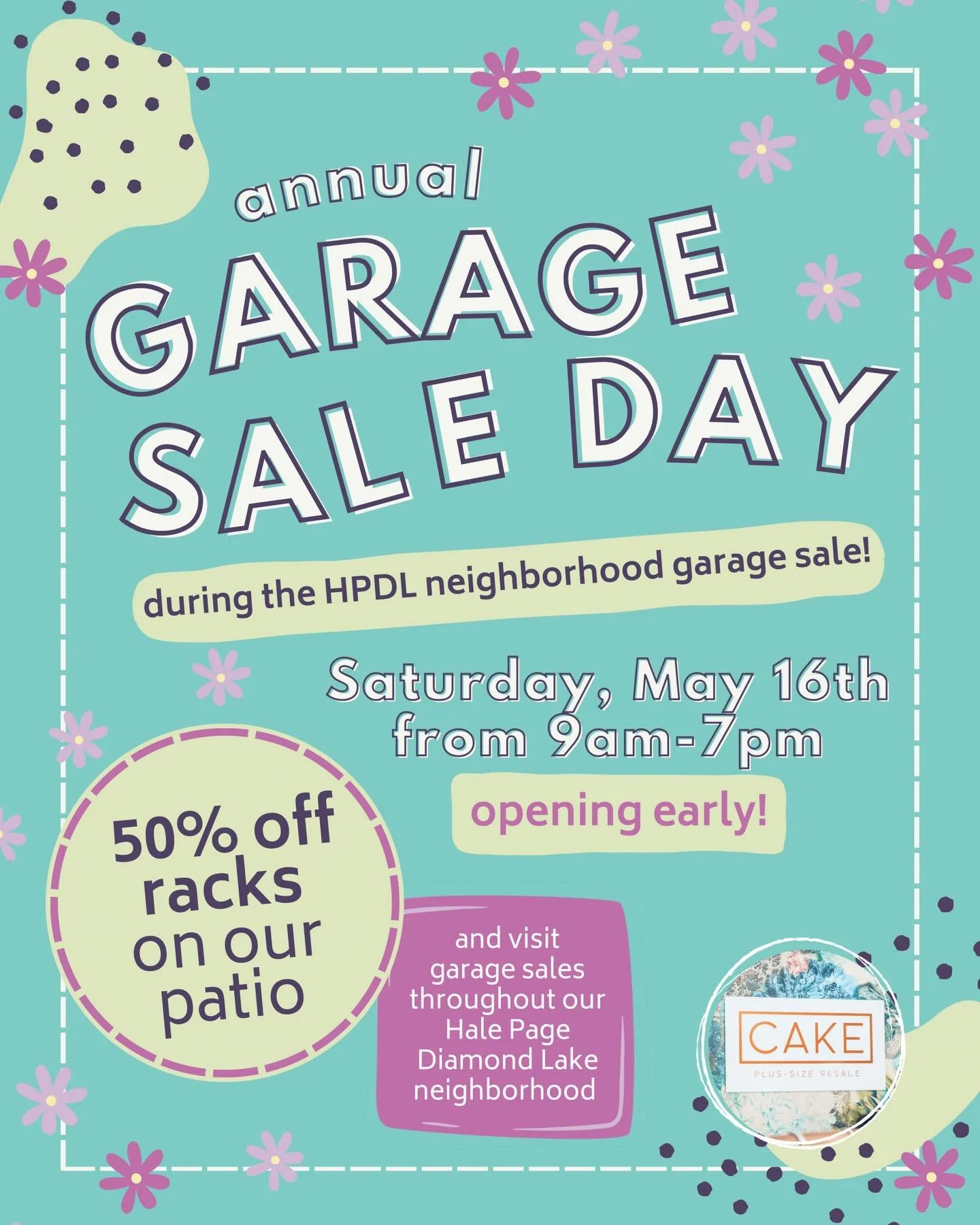 Nothing says spring at Cake Plus-Size Resale like our annual sale during the Hale Page Diamond Lake Neighborhood Garage Sale Day!!! We look forward to the @hpdl_neighborhood&rsquo;s garage sale every May! 

Join us on Saturday, May 16 from 9-7pm. We&