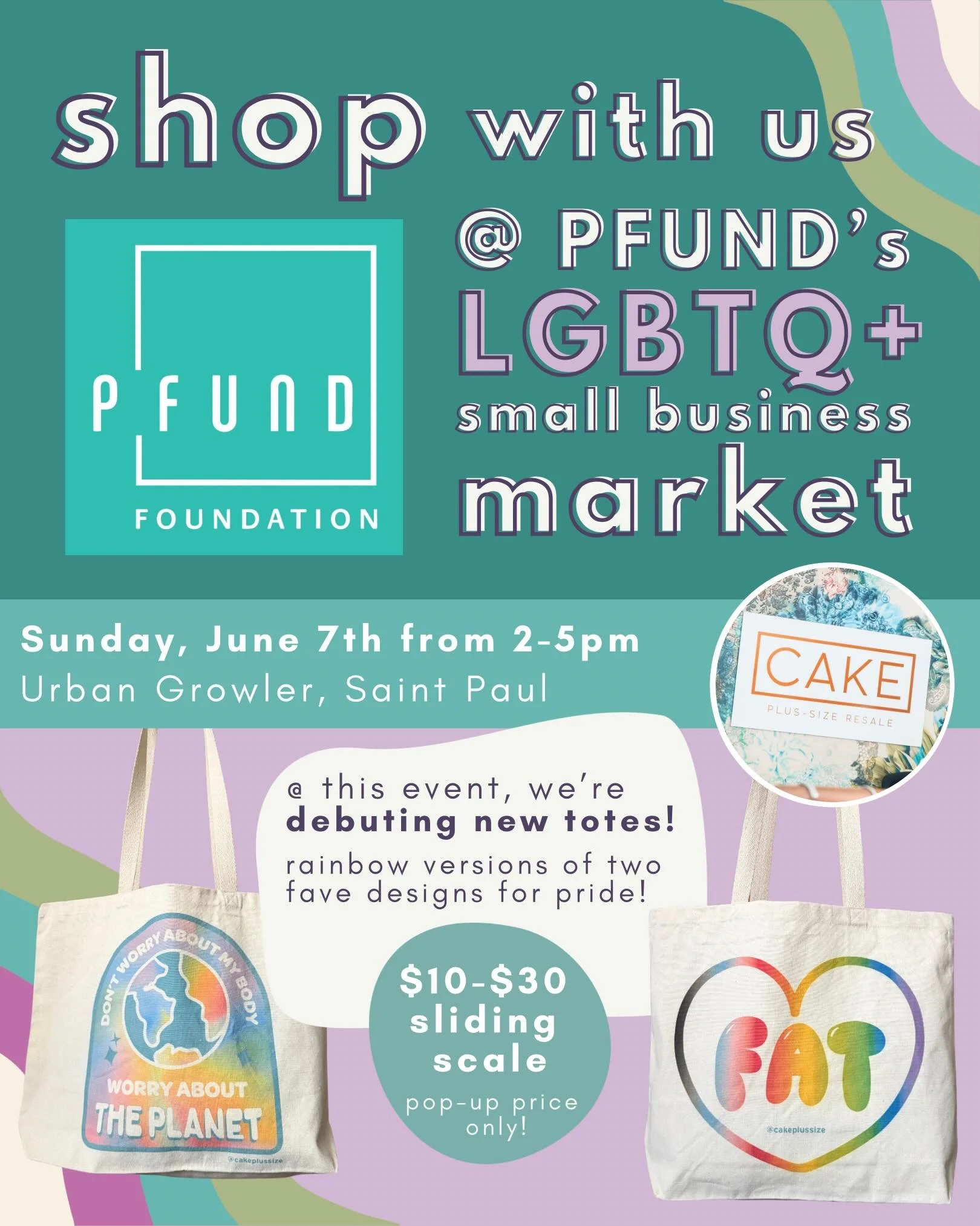 Shop with us next weekend at @pfundfoundation&rsquo;s LGBTQ+ Small Business Market at @urbangrowler! 

We&rsquo;ll have secondhand plus-size wears in addition to colorful sunnies, stickers, and totes&hellip; including these new totes! Rainbows just i